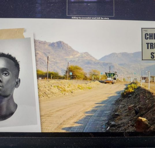 The entrance to a chrome mine in South Africa that sends its chrome to the port of Maputo, Mozambique, and a picture of blogger Mano Shottas (Credit: Forbidden Stories. AI was used in the creation of this image)
