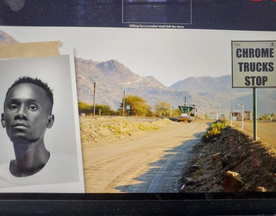 The entrance to a chrome mine in South Africa that sends its chrome to the port of Maputo, Mozambique, and a picture of blogger Mano Shottas (Credit: Forbidden Stories. AI was used in the creation of this image)
