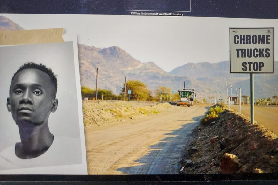 The entrance to a chrome mine in South Africa that sends its chrome to the port of Maputo, Mozambique, and a picture of blogger Mano Shottas (Credit: Forbidden Stories. AI was used in the creation of this image)